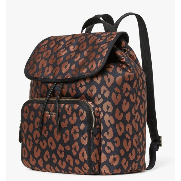 New Kate Spade Sam Leopard Medium Backpack The Little Better Nylon Black Multi - Picture 3 of 5